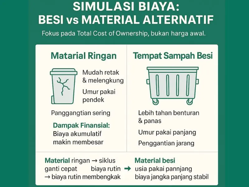 Simulasi Logika Biaya Tempat Sampah Besar Besi vs Alternatif Material